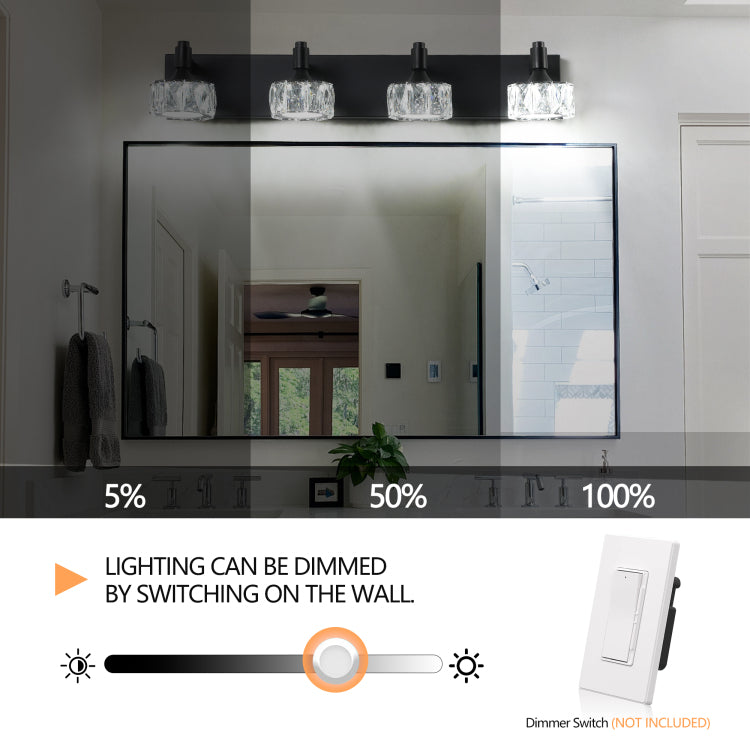 Modern 4 Light Matte Black Led Vanity Light Fixture With Crystal Glass Shades, Bathroom Wall Sconce For Elegant And Contemporary Home Decor