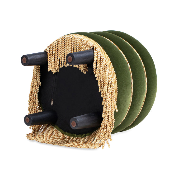 Edward 17.5" Round Upholstered Ottoman With Bullion Fringe, Olive Green Performance Velvet