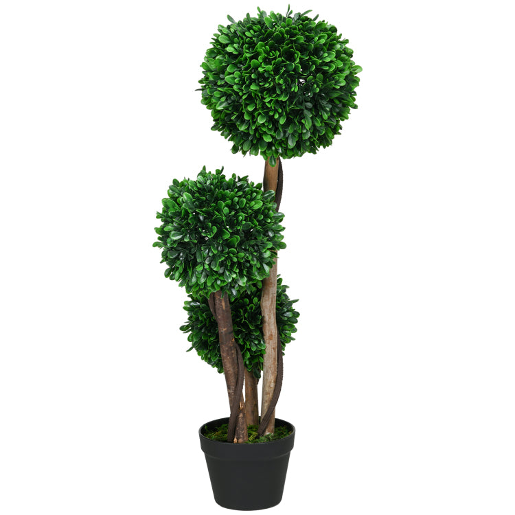 Homcom 3Ft 35.5" Artificial 3 Ball Boxwood Topiary Tree With Pot, Indoor Outdoor Fake Plant For Home Office, Living Room Decor