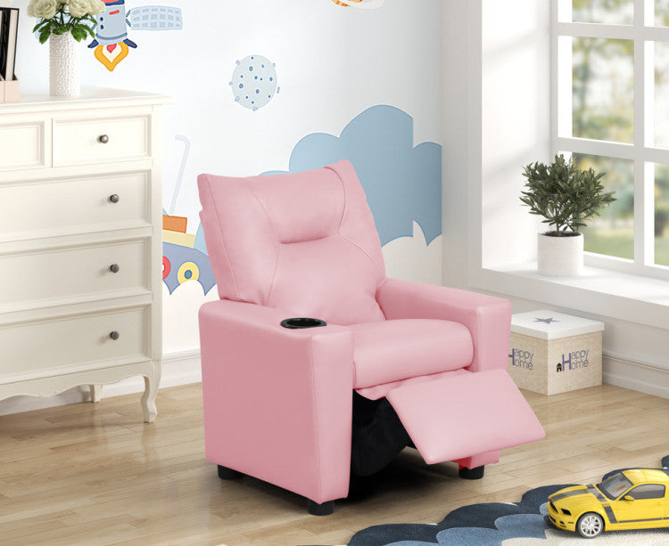 Perline 23"W Pink Pu Leather Kids Recliner Chair With Cupholder