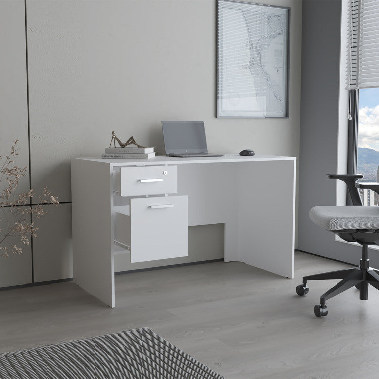 Mellier Modern Office Desk With Two Drawers And Side Storage, Compact Computer Workstation For Home Office Or Study Room, White