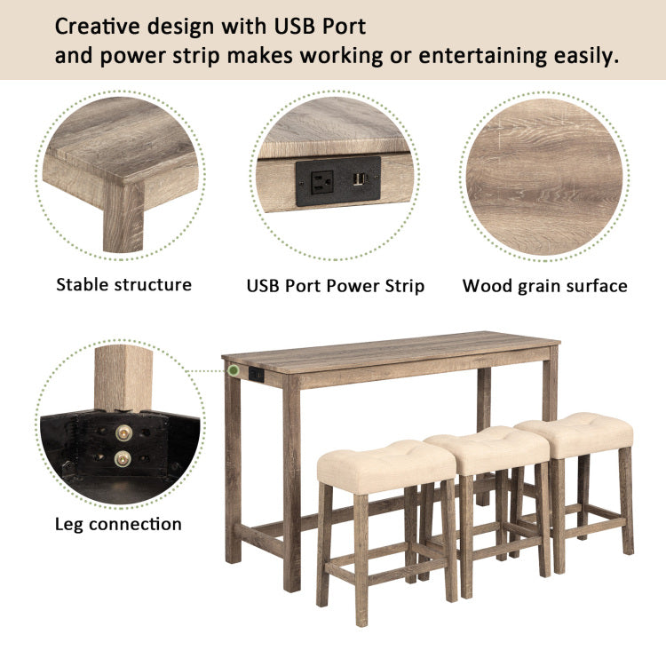 4 Piece Bar Table Set With Power Outlet, Dining Bar Table And Chairs Set,Bar Table Set With 3 Padded Stools For Living Room, Dining Room, Game Room, Brown