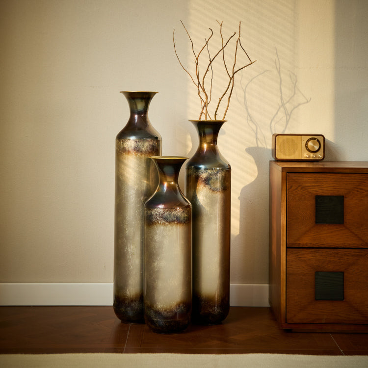 Hand Forged Metal Vases Set Of 3, Burnt Finish Rustic Floor Vases For Home Decor, 28.34 24.4 20.4 Inch Tall Flower Vases For Farmhouse Industrial Living Room