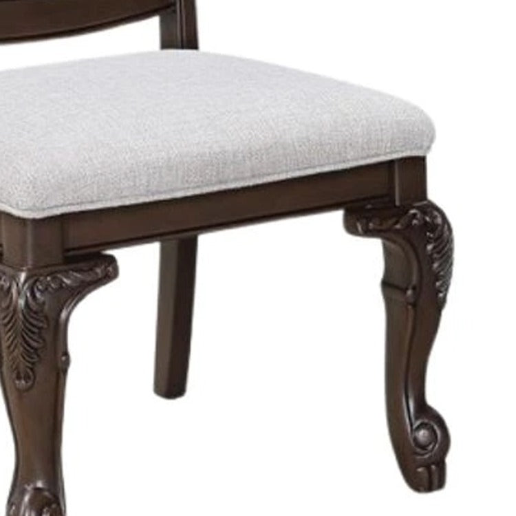 Cary Side Dining Chair Set Of 2, Beige Linen, Scrolled Coffee Brown Wood
