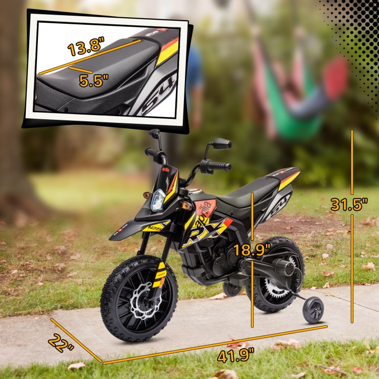 Qaba 12V Kids Motorcycle, Aprilia Licenced Electric Motorcycle For Kids With Training Wheels, Spring Suspension, Led Light, Usb, Music, Battery Powered Electric Dirt Bike For Boys Girls, Yellow