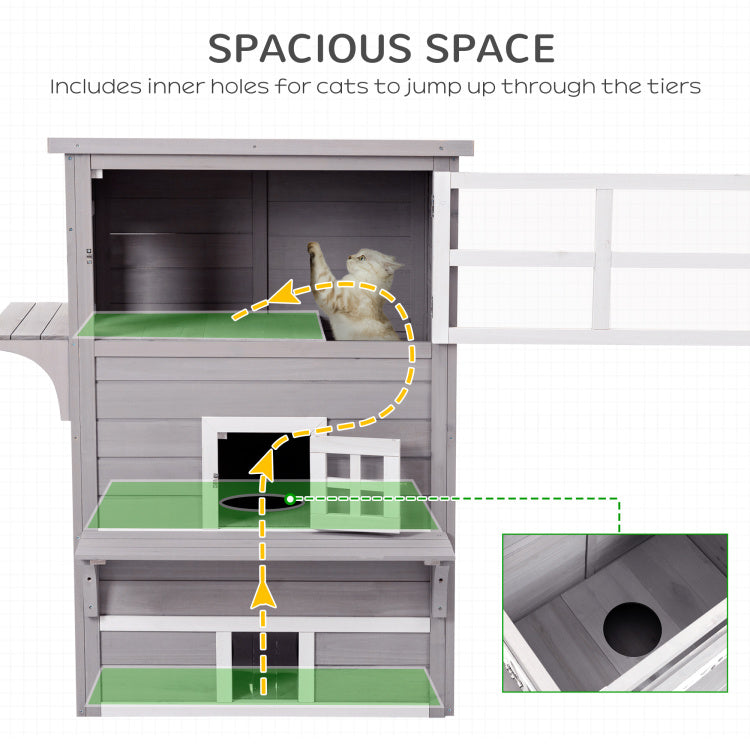 Pawhut 3 Story Cat House Feral Cat Shelter, Outdoor Kitten Condo With Raised Floor, Asphalt Roof, Escape Doors, Jumping Platforms, Grey