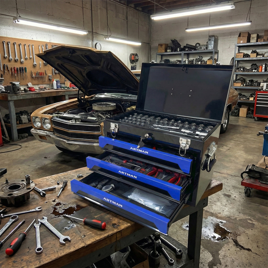 20'' Portable 3 Drawer Steel Toolbox, 4 Layers Of Tools With Metal Latches, With Top Storage Tray And Carrying Handle, Multi Function Tool Storage For Garage, Home, Or Workbench ,Black&Blue