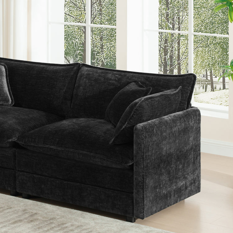 Modern Accent Chair With Ottoman, Living Room Club Chair Chenille Upholstered Armchair , Reading Chair For Bedroom, Black Chenille