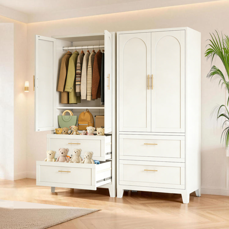 71" Tall Metal Wardrobe Cabinet With 2 Drawers And Hanging Rod, 2 Doors Wardrobe Closet With Shelf For Bedroom, Office, Laundry Room,Entryway ,Foyer,Guesthouse White