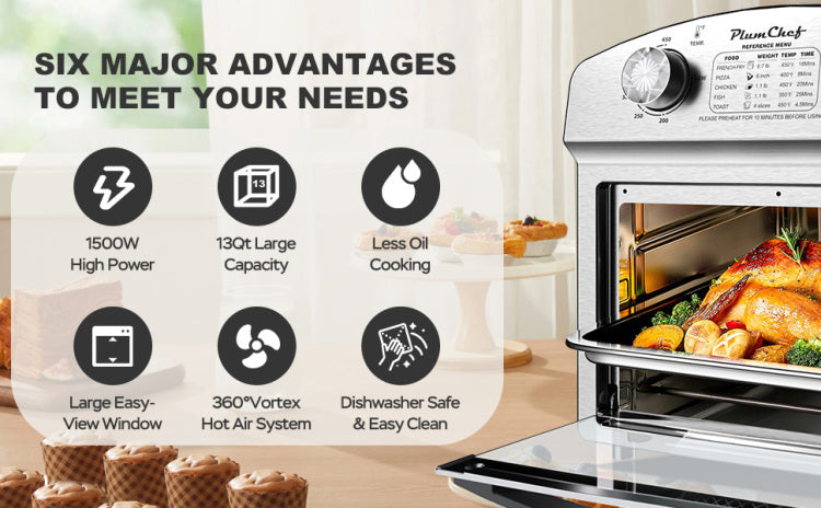 12.5 Quart 7 In 1 Convection Toaster Oven, 1500W, Stainless Steel, With 5 Pre Set Menus Roast, Bake, Grill, Broil, Toast, Dehydrate & Defrost, Silver