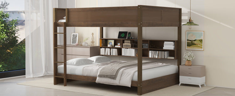 Queen Over Queen Bunk Bed With Storage Cabinets And Usb Ports, Antique Wood Color