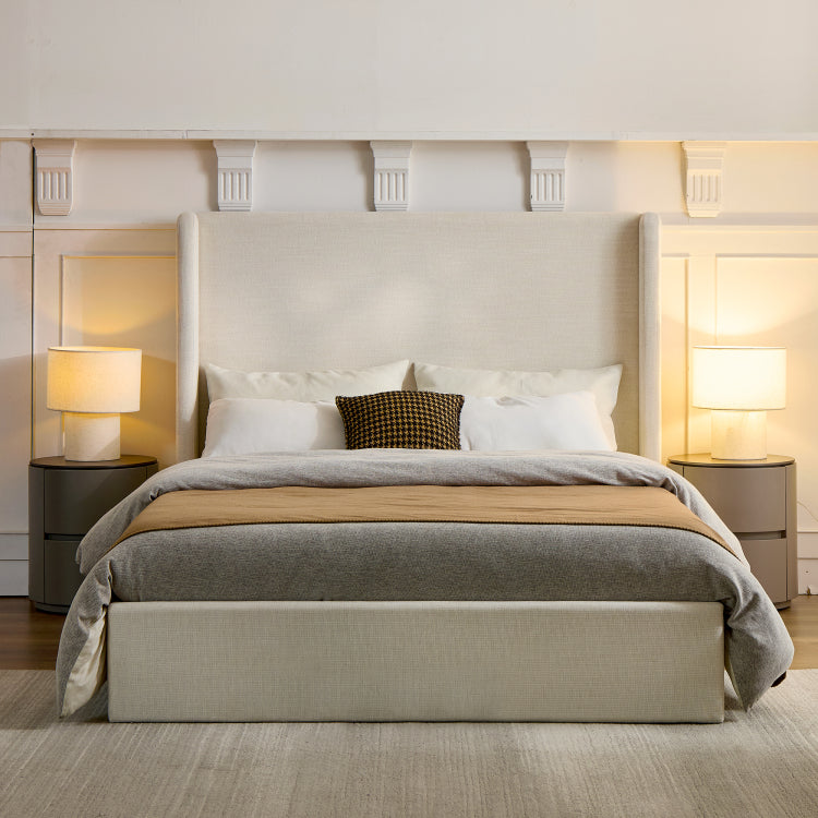 Carmen Upholstered Wingback Bed Upholstered Platform Bed Frame 54" High Headboard Simplicity Minimalist No Box Spring Needed Easy Assembly Queen Textured Ivory Canvas No Noise