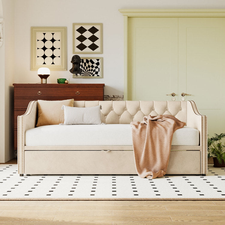 Twin Size Upholstered Daybed With Pop Up Trundle, Beige