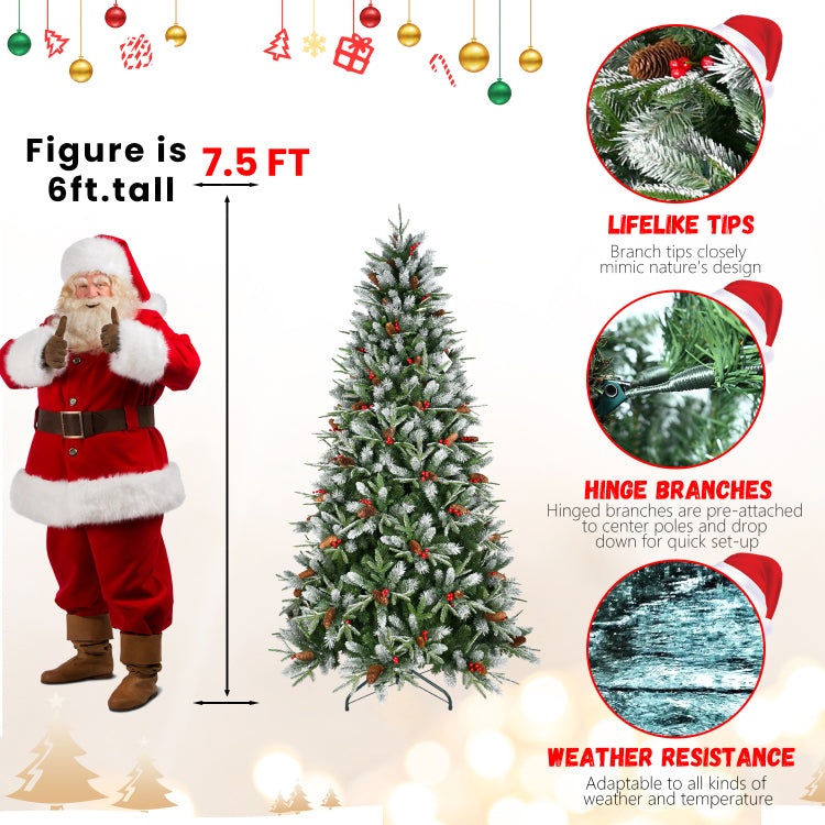 4Ft Christmas Tree With 747 Tips, Red Berries & Pine Cones Snow Dusted Pe Pvc Branches, Hinged Design For Easy Setup, Sturdy Metal Stand Full, Natural Holiday Tree Decoration