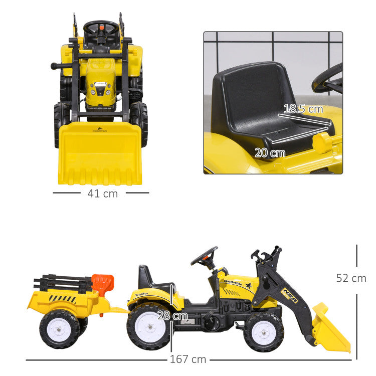 Aosom Kids Ride On Excavator, Pedal Car Bulldozer, Move Forward Back With Real Working Dirt Bucket, 6 Wheels, & Cargo Trailer