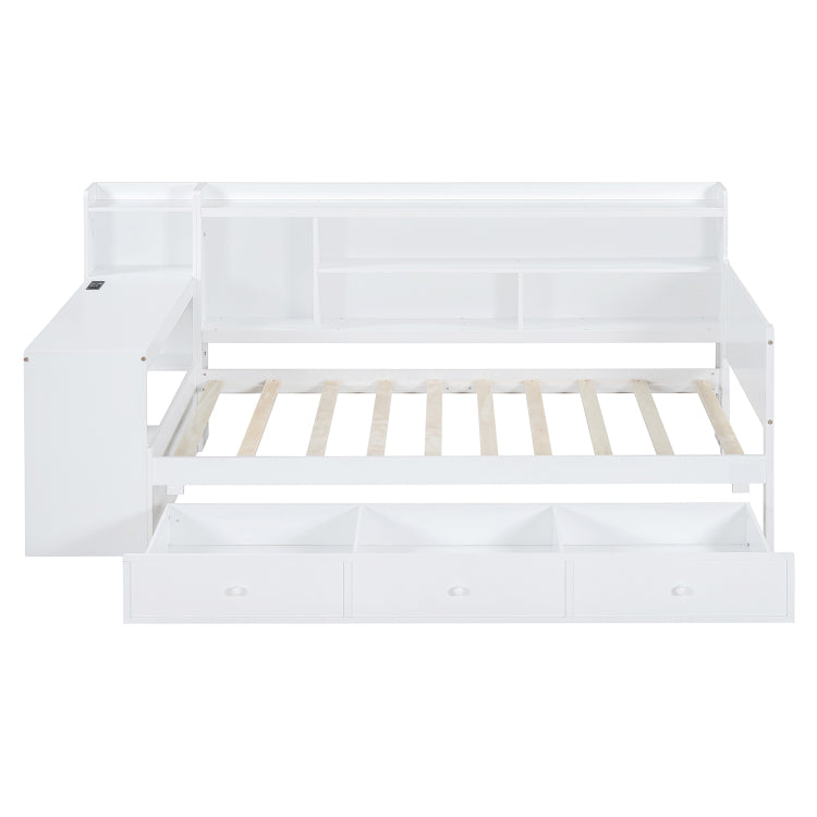 Twin Size Wooden Daybed With 3 Drawers, Usb Ports And Desk , White