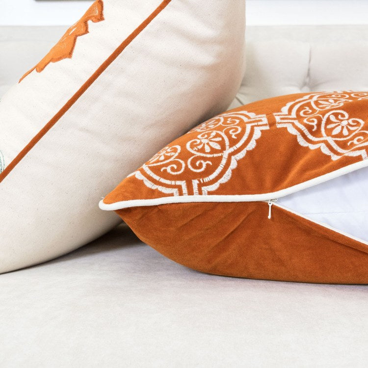 Burnt Orange Damask Embroidered Throw Pillow Boho Geometric Cushion