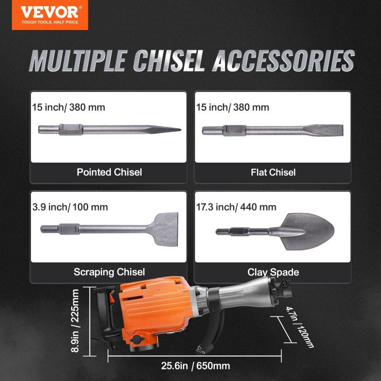 Demolition Jack Hammer, 2200W 1400 Bpm Jack Hammer Concrete Breaker, Heavy Duty Electric Jack Hammer 6Pcs Chisels Bit With Gloves, 360 C Swiveling Front Handle For Trenching And Breaking Holes