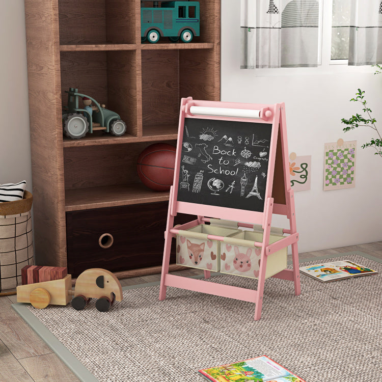Qaba Art Easel For Kids With Paper Roll, 3 In 1 Toddler Painting Easel With Blackboard, Whiteboard, Storage Baskets, Pink