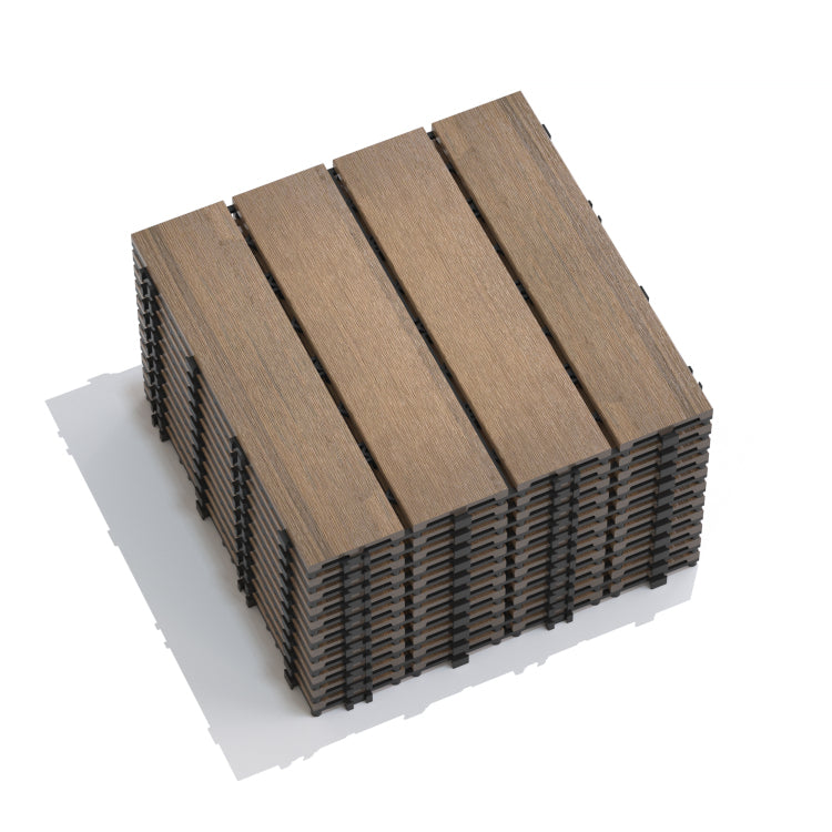 Patio Floor Tiles Pack Of 11 Wpc Wood Plastic Composite Patio Deck Tiles Diy Interlocking Decking Tiles, Quick Deck Floor Tile, Court Tile, Water Resistant Indoor Outdoor 11.8" Oak