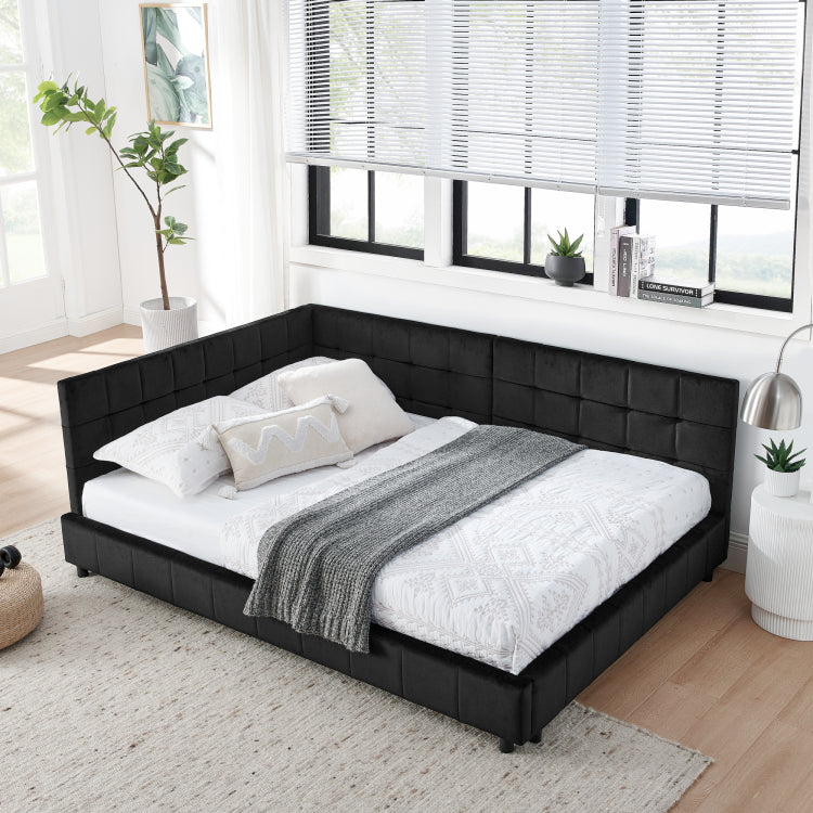 Full Size Upholstered Tufted Bed Frame, Sofa Bed Frame With Comfortable Backrest And Armrests, Full Size Bed For Bedroom, Living Room,Velvet, Black 80.5''*59''*30.5''
