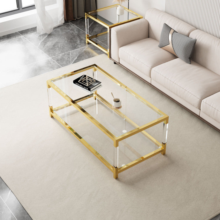 Modern Acrylic Leg Coffee Table, Double Layer Tempered Glass Top With Golden Metal Frame, 47.2X23.6X17.7 Inch Living Room Furniture