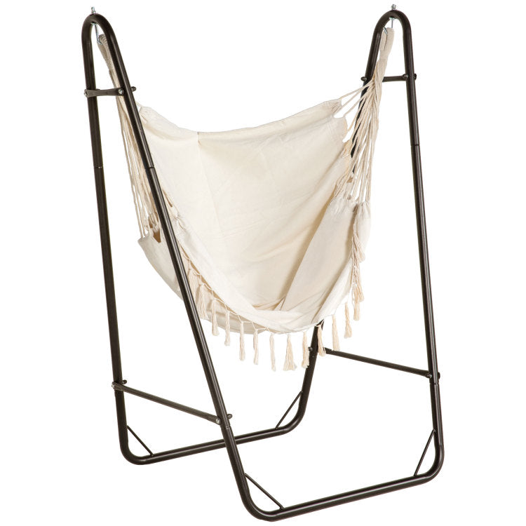 Outsunny Patio Hammock Chair With U Shape Stand, Outdoor Hammock Swing Hanging Lounge Chair With Side Pocket, Brown Cream White