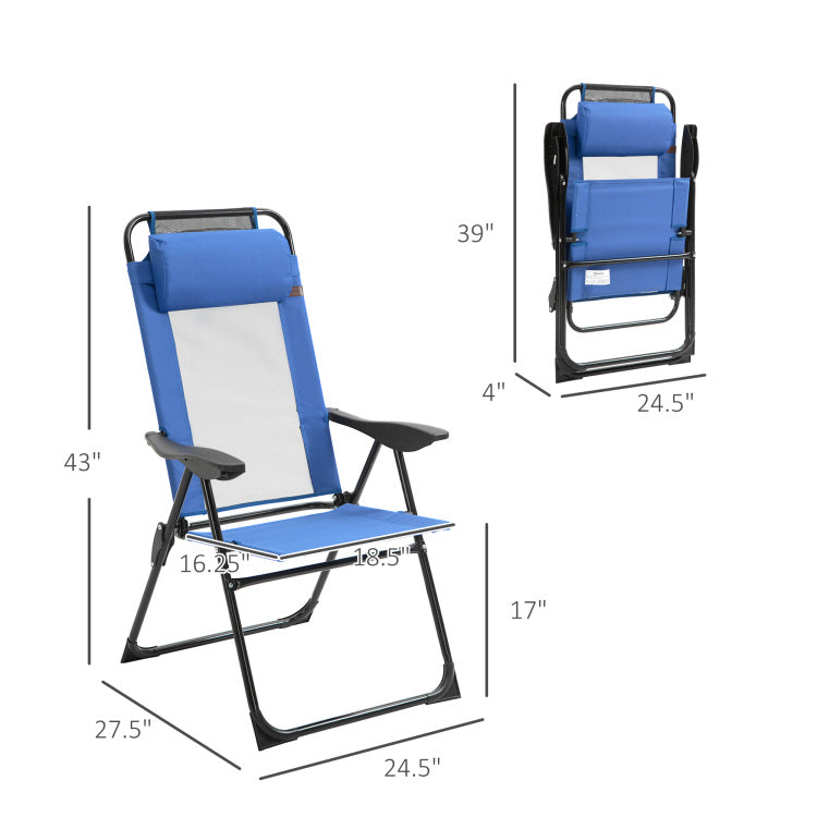 Outsunny Folding Patio Chairs Set Of 2, Outdoor Deck Chair With Adjustable Sling Back, Camping Chair With Removable Headrest For Garden, Backyard, Lawn, Blue