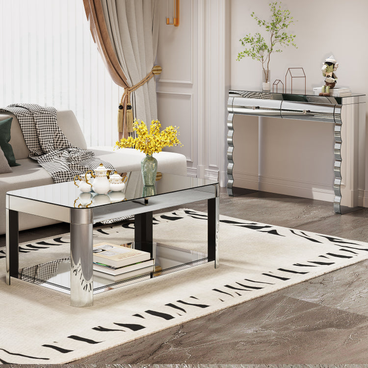 Baked Curved Mirror Coffee Table For Living Room, Modern Glass Coffee Table With Glass Top, Rectangular Center Table Premium Furniture