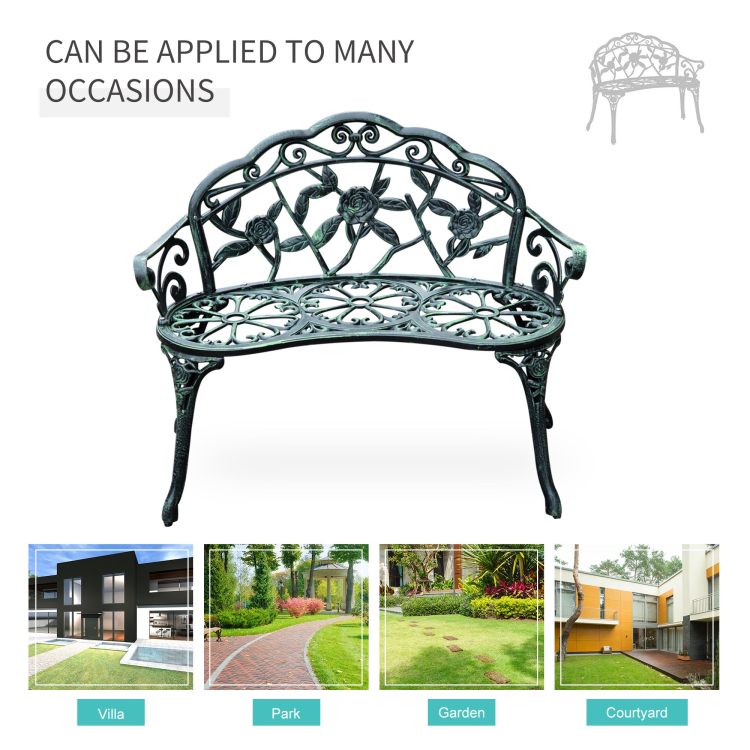 Outsunny Outdoor Bench, Cast Aluminum Outdoor Furniture, Metal Bench With Floral Rose Accent & Antique Finish, Green