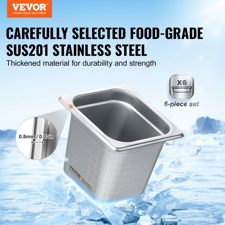 6 Pack Hotel Pans, 1 6 Size Anti Jam Steam Pan, 0.8Mm Thick Stainless Steel Restaurant Steam Table Pan, 6 Inch Deep Commercial Table Pan, Catering Storage Food Pan, For Industrial & Scientific