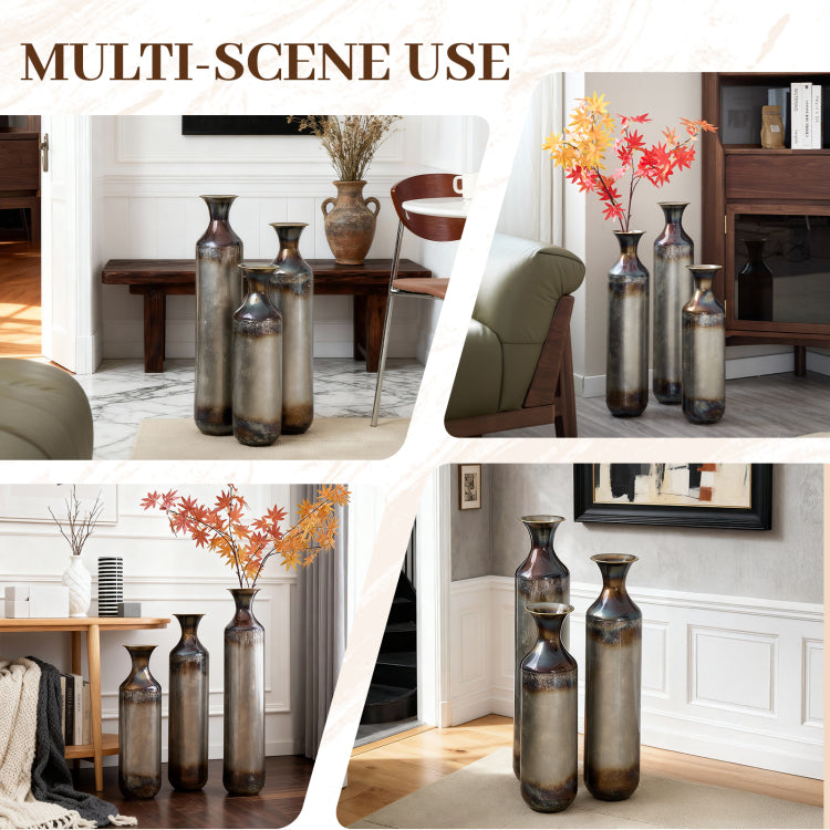 Hand Forged Metal Vases Set Of 3, Burnt Finish Rustic Floor Vases For Home Decor, 28.34 24.4 20.4 Inch Tall Flower Vases For Farmhouse Industrial Living Room
