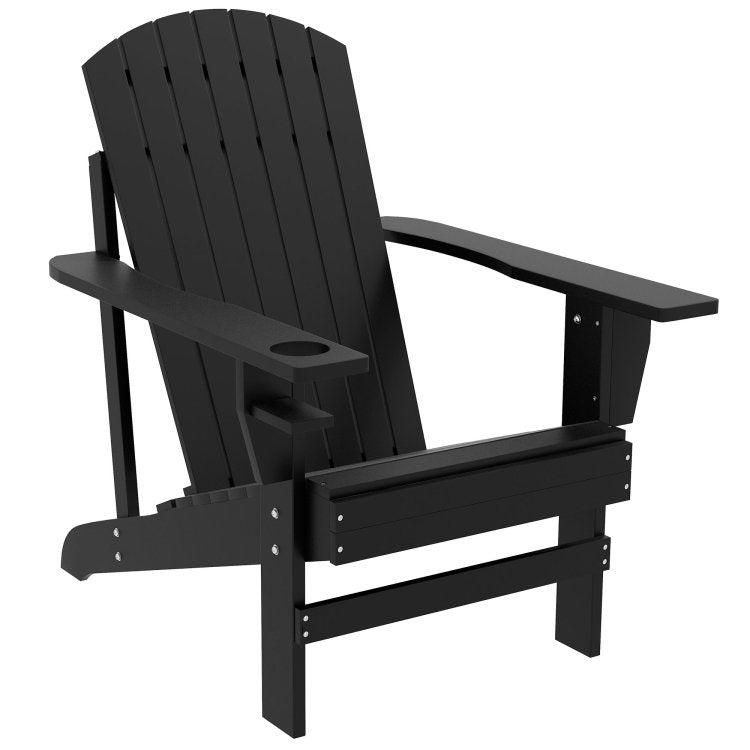 Outsunny Wooden Adirondack Chair, Outdoor Patio Lawn Chair With Cup Holder, Weather Resistant Lawn Furniture, Classic Lounge For Deck, Garden, Backyard, Fire Pit, Black