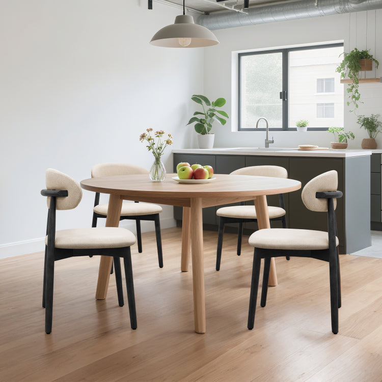Beige Cotton Linen Fabric Upholstered Dining Chair With Black Solid Wood Legs, Armless Chair Set Of 4 For Kitchen, Restaurant, Living, Meeting Room