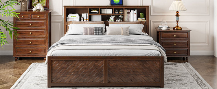 King Size Wood Platform Bed With Multi Storage Headboard, Usb And Drawers, Antique Wood Color