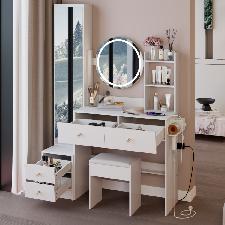 Full Body Mirror Cabinet Round Mirror Led Vanity Table Cushioned Stool, With 2 Ac 2 Usb Power Station,17" Diameter Led Mirror, Touch Control, 3 Color, Brightness Adjustable, Large Desktop