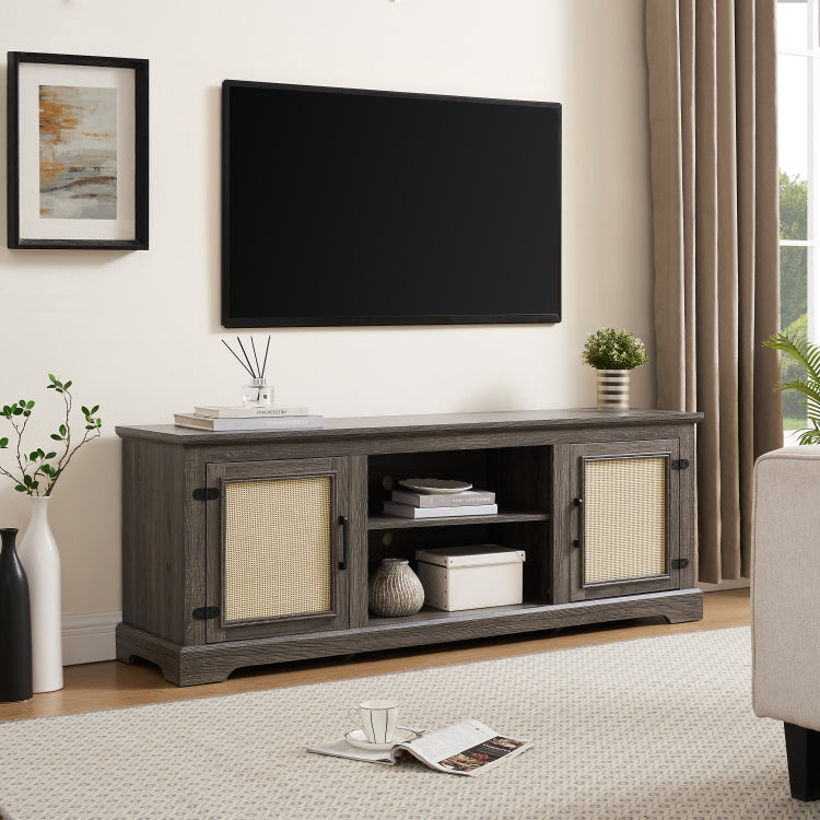 Farmhouse Rattan Tv Stand Console Table For Tvs Up To 70 Inches, Tv Console Table With 2 Storage Shelves, 2 Natural Rattan Door Cabinets, 65"W*15.55"D*23.86"H, Gray
