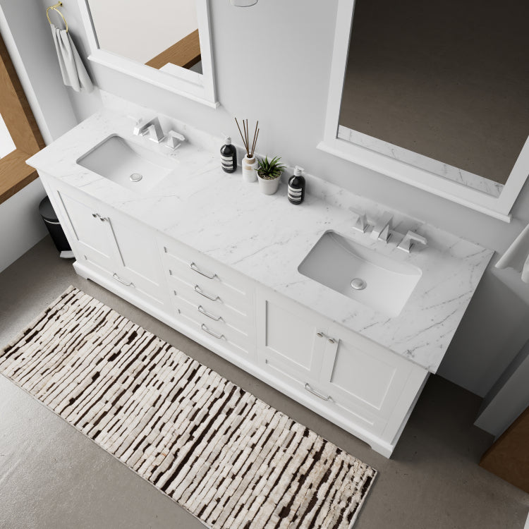 White Double Bath Vanity 80 In. W X 22 In. D, With Carrara Marble Top