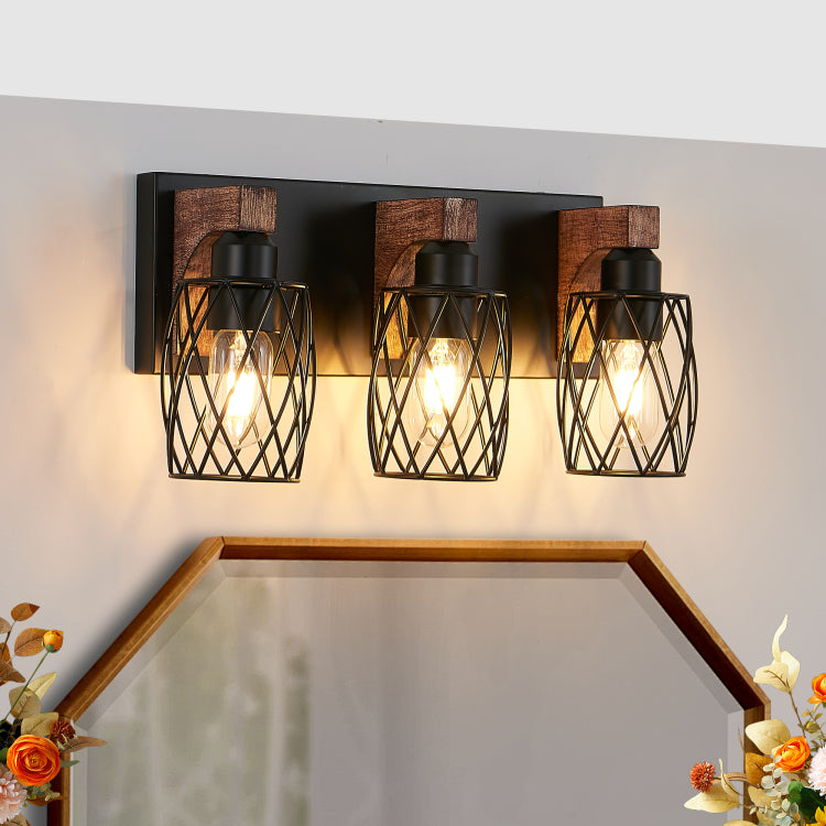 18" Industrial Vintage 3 Light Wall Sconce Black Cage Wall Lighting Fixture With Wooden Accents For Bathroom, Hallway, Or Living Room Bulb Not Included