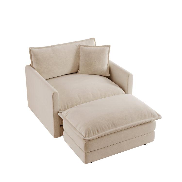 Modern Accent Chair With Ottoman, Living Room Club Chair Chenille Upholstered Armchair , Reading Chair For Bedroom, Light Coffee Chenille