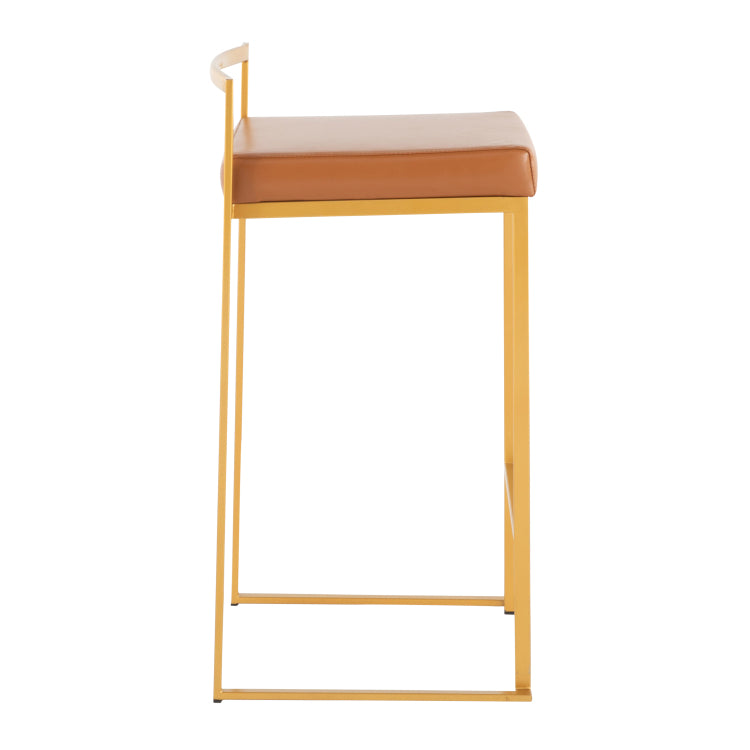 Contemporary Stackable Counter Stool In Gold With Camel Faux Leather Cushion Set Of 2