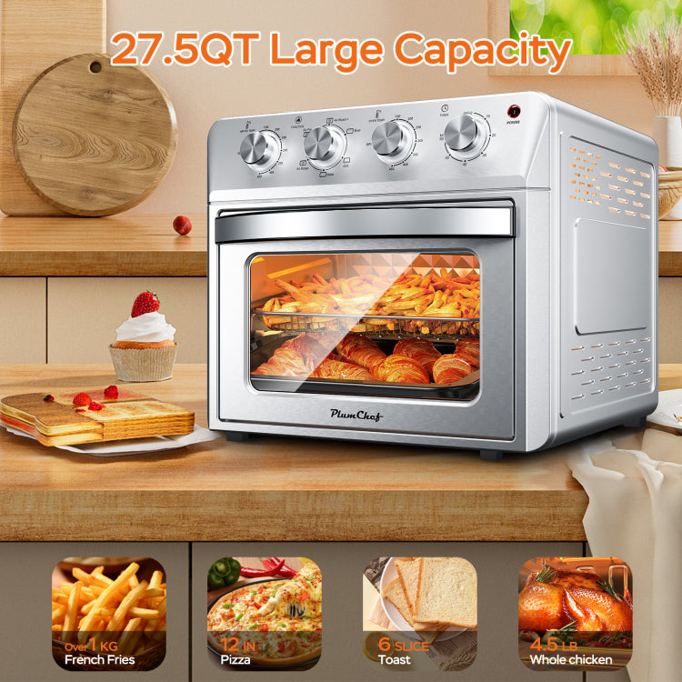 Plum Chef Air Fryer Oven 27.5Qt, 6 In 1 Countertop Oven, Air Fry, Bake, Broil, Toast, Warm, Dehydrate, 4 Knob Control, 1600W, Family Size, Silver