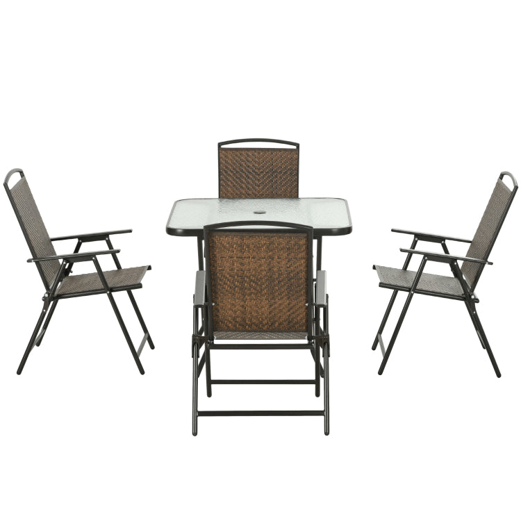 Outsunny 5 Pieces Wicker Patio Dining Set, Foldable Outdoor Table And Chairs, Wicker Furniture Dining Set With Umbrella Hole, Tempered Glass Table, Dark Brown