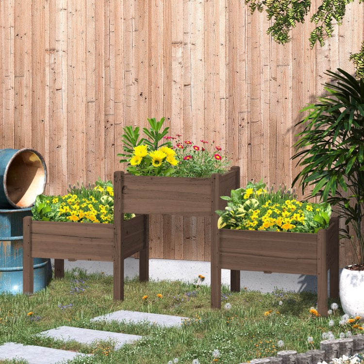 Outsunny Raised Garden Bed With 3 Planter Box, Elevated Wooden Plant Stand With Drainage Holes, For Vegetables, Herb And Flowers, Coffee