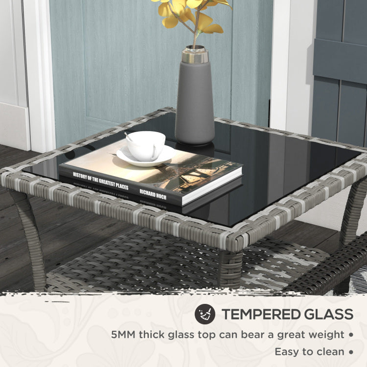 Outsunny Rattan Side Table, Outdoor End Table With Storage Shelf, Aluminum Frame Square, Coffee Table With Tempered Glass Top, Mixed Gray