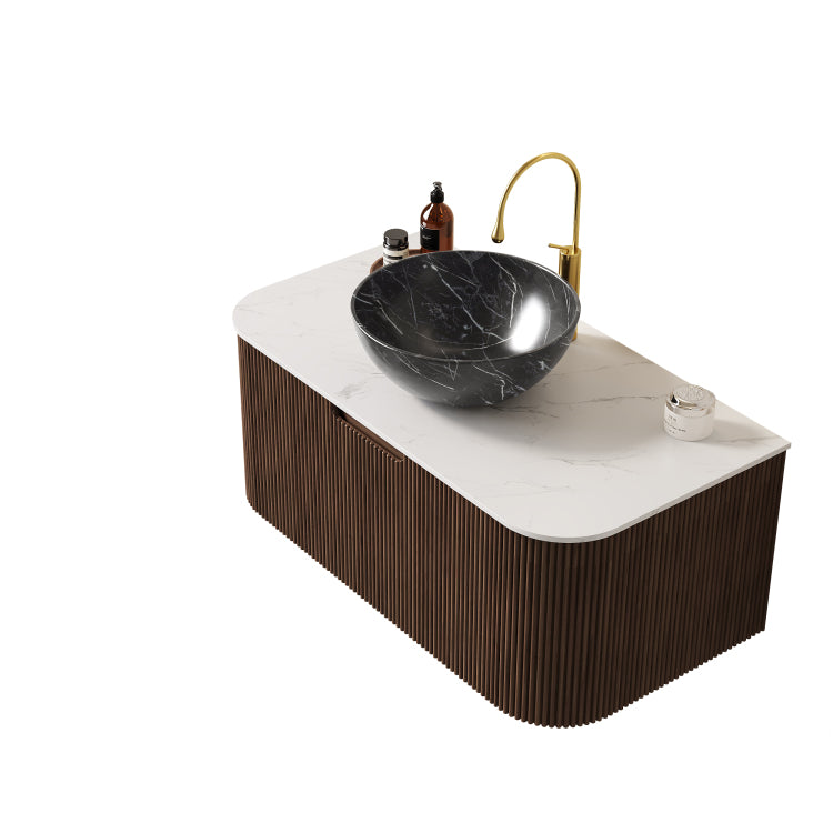 Dina 36" Bathroom Vanity With Sink, Wall Mounted Floating Curved Edges Striped Bathroom Storage Cabinet With Drawer, Black Bowl Ceramic Basin With Stone Pattern, Pre Assembled, Dark Walnut Color