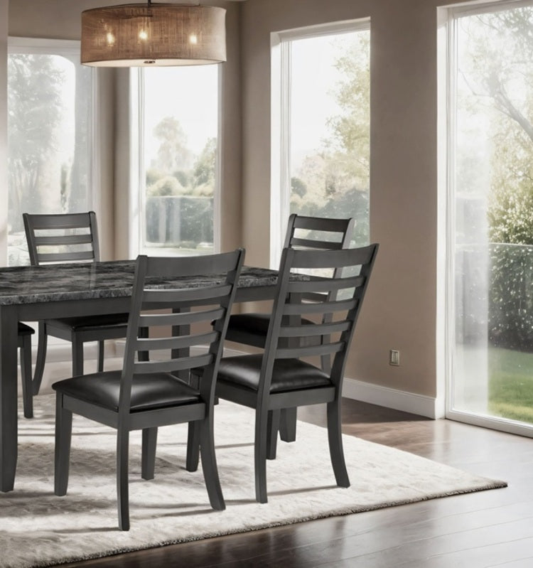 Simple Classic Dark Gray 7Pc Dining Set Faux Marble Top Dining Table 6Xside Chairs Fabric Seats Dining Room Furniture