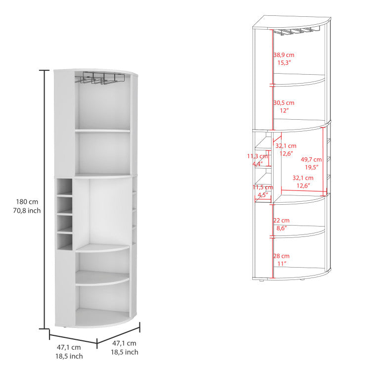 Oban Corner Bar Cabinet With Five Shelves , Eight Bottle Cubbies And Steamware White