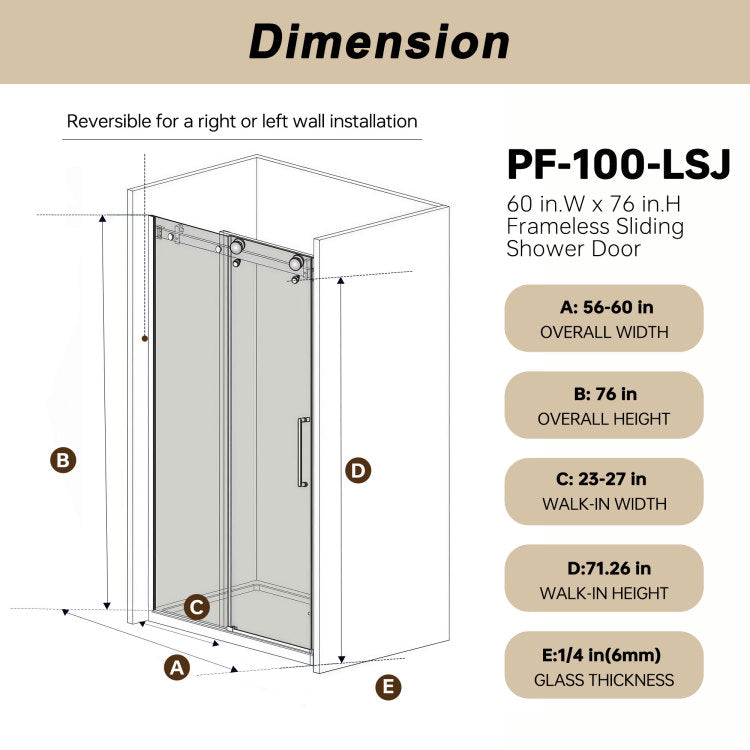 Frameless Single Sliding Shower Door 56 60 "W X 76" H, 1 4 " 6 Mm Clear Tempered Glass, Explosion Proof Film, Stainless Steel Handle Square Tube Track ,Brushed Gold