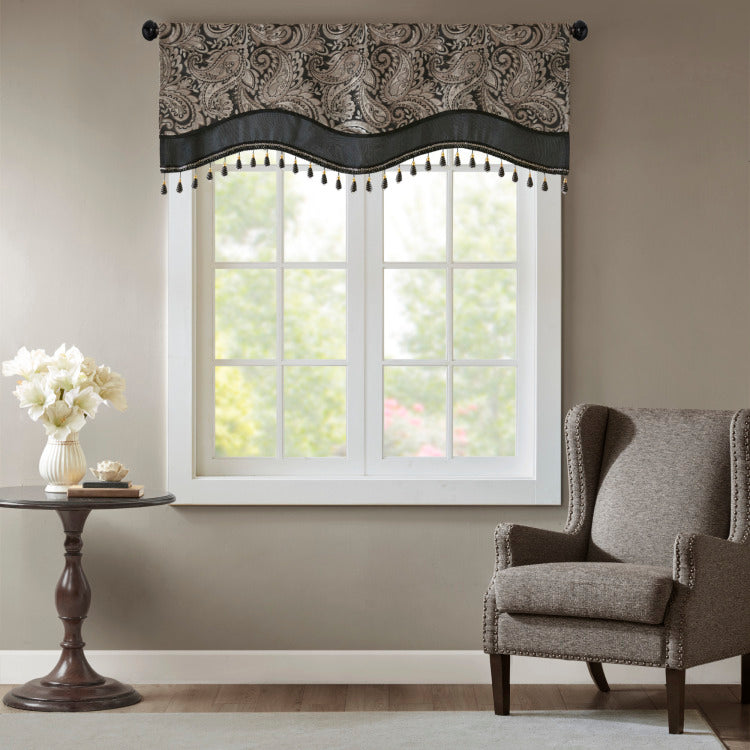 Jacquard Window Rod Pocket Valance With Beads Black 50X18"